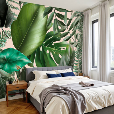 Papier peint adhésif à motif de feuilles de palmier tropicales H 100 po x l 144 po, papier peint amovible en PVC autocollant pour chambre à coucher, bureau à domicile