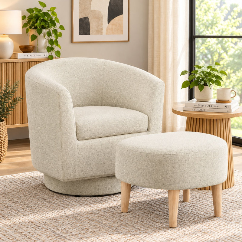 Fauteuil demi-tonneau pivotant avec repose-pieds Sharolynn, Lin beige