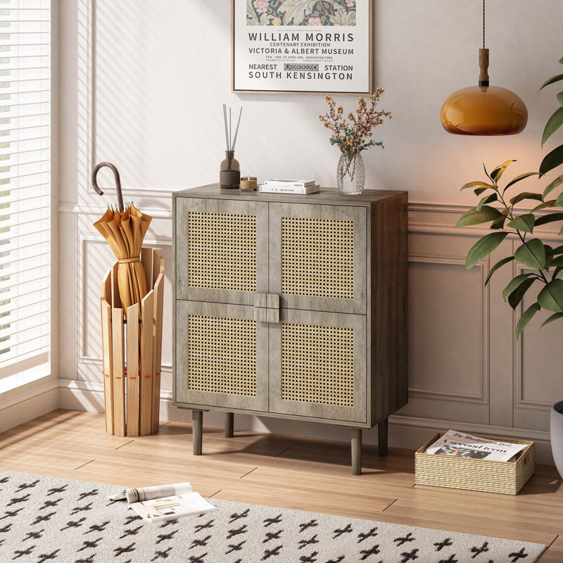 4-Doors Rattan Mesh Storage Cabinet, Sideboard, Gray