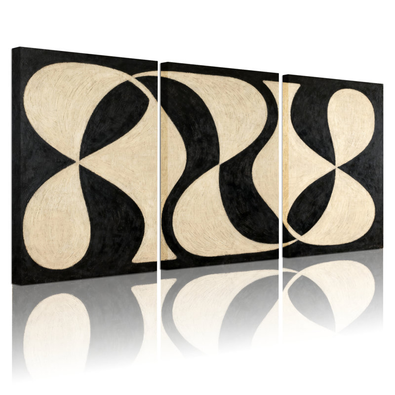 Ensemble de 3 tableaux sur toile à motif géométrique abstrait noir et beige, H 18 po x l 36 po