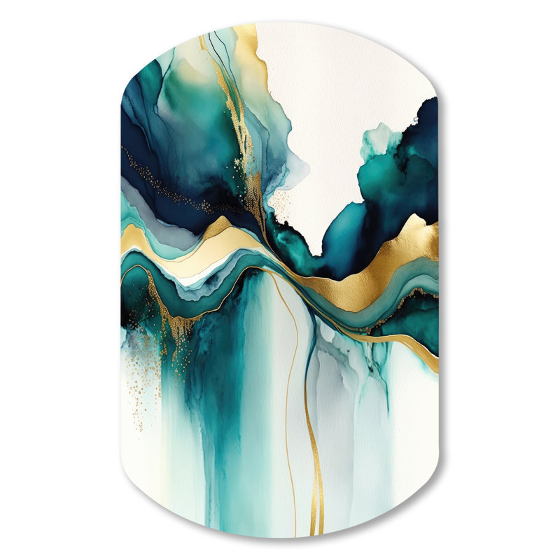 Teal And Gold Abstract Expression I - Liquid Ink Cylinder Metal Wall Art, Modern Asymmetrical Metal Art Print