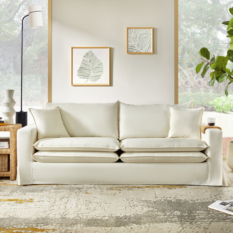 Wimberly 87" Upholstered Slipcovered Sofa With Solid Wood Cup Holder, White
