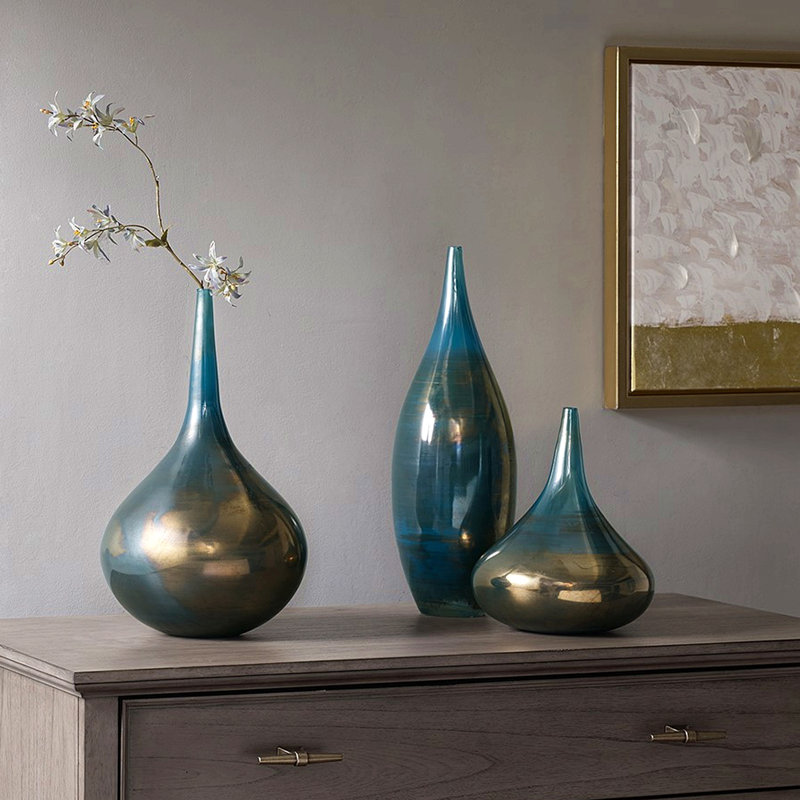 Ensemble de 3 vases en verre bleu et bronze