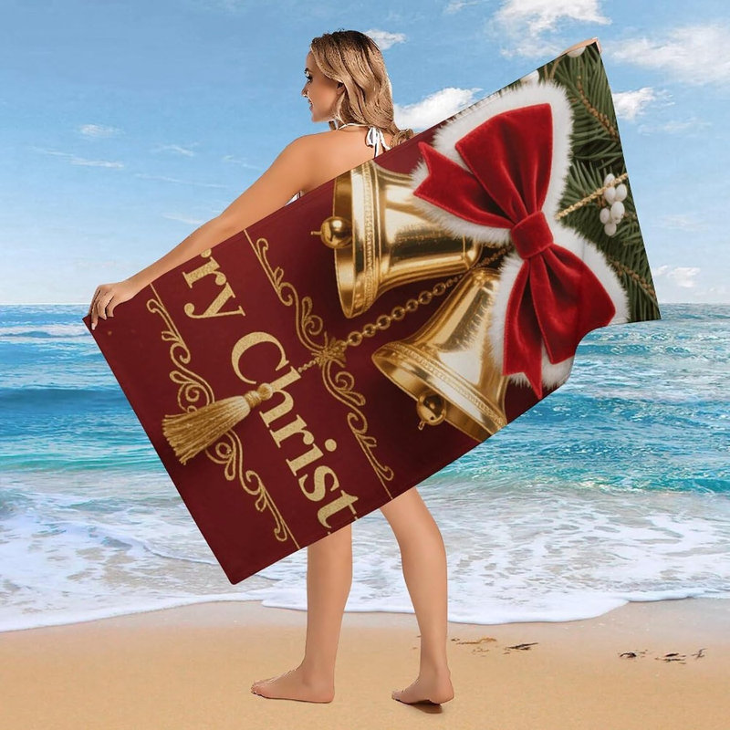 Serviette de plage à séchage rapide en microfibre de Noël à imprimé cloche de Noël, 36 x 72 po
