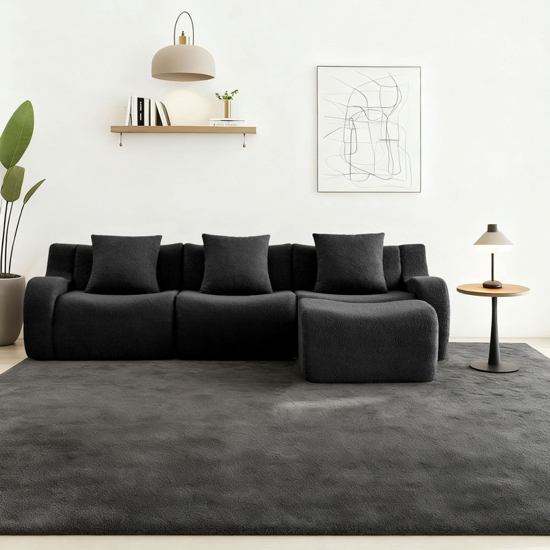 Canapé modulaire rembourré 3 places avec repose-pieds, Ours en peluche noir, H 35,43 po x l 115,33 po x P 65,73 po