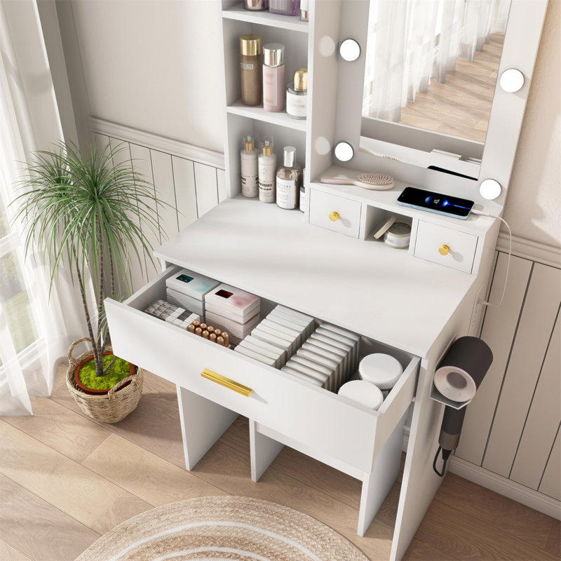 White Vanity Table With Led Mirror, Power Outlet, Hairdryer Holder & Stool, White