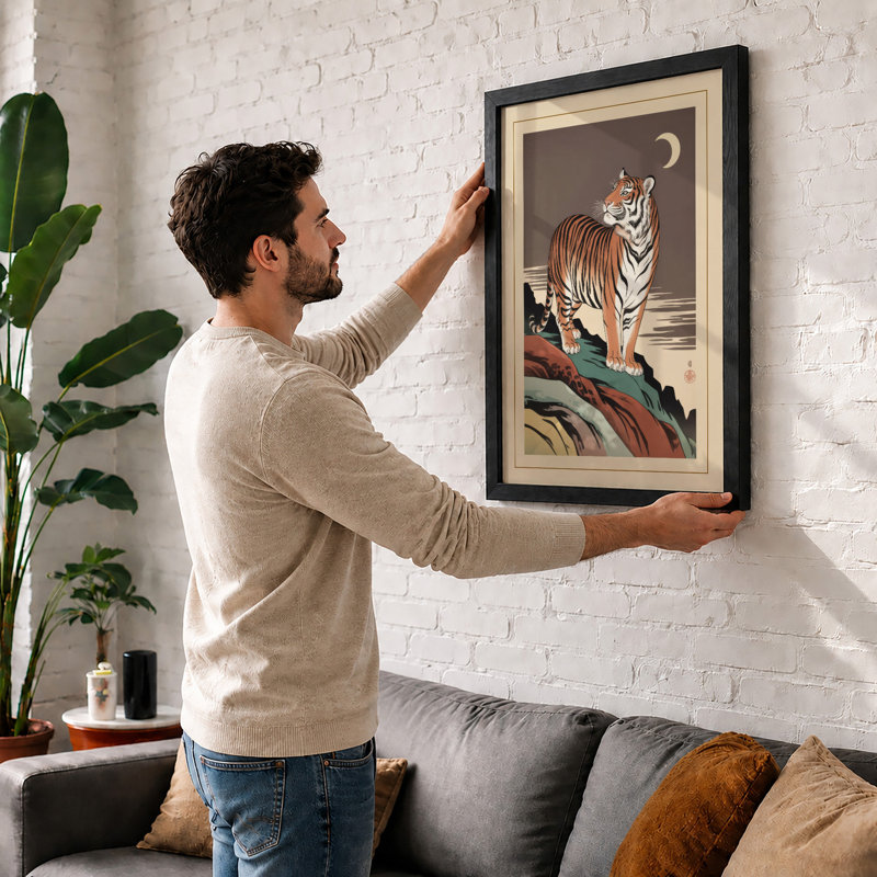 Tiger at Moonrise Japandi - Framed Print, A2 - 59.4 x 42.0 cm, Oak