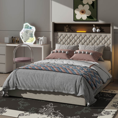 Structure de lit double capitonnée en velours pleine grandeur, USB et veilleuse intégrée, lit plateforme à oreilles avec tablette de tête de lit incluse