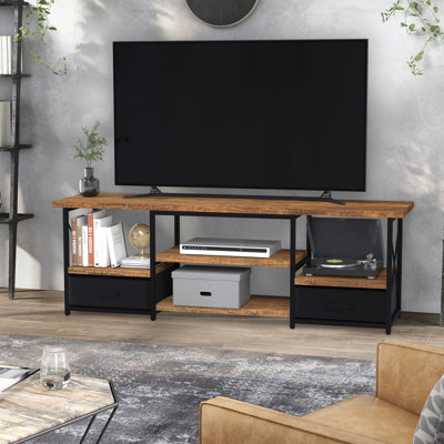 Industrial Tv Stand With Open Storage And Fabric Drawers For 55-65 Inch Tvs – Perfect For Living Room And Bedroom.