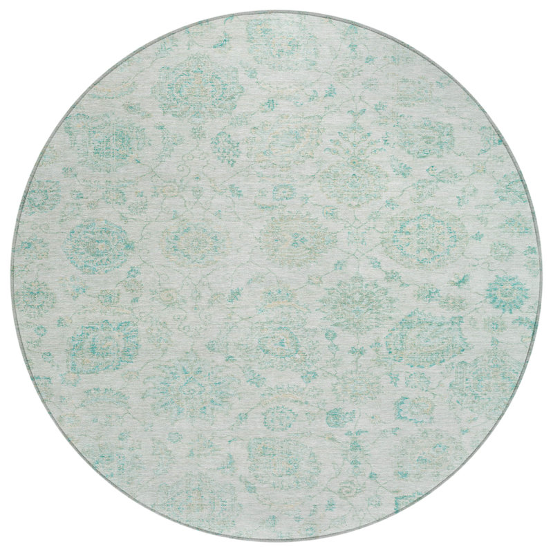 Machine Washable Indoor/Outdoor Xhevrie Turquoise Rug, Round 8'