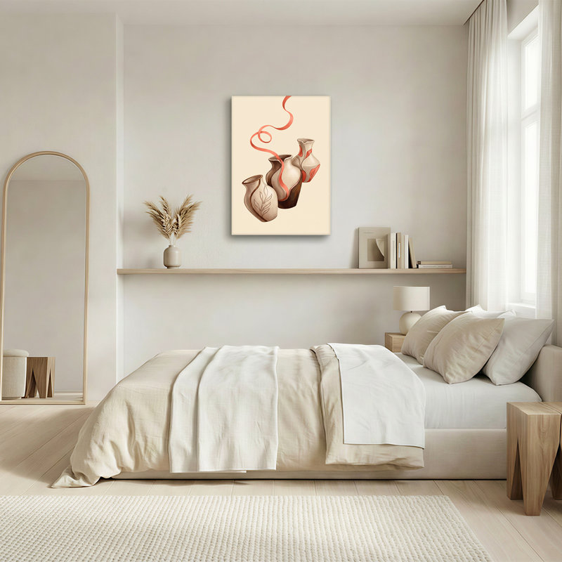 Vases en céramique crème et bruns avec ruban corail, art mural, 24"H x 16"W