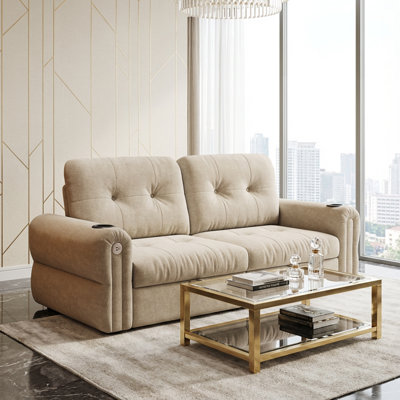 2-seater Convertible Sofa Bed With Armrest Cup Holders & Usb Charging Ports, Beige Chenille Upholstered For Living Room