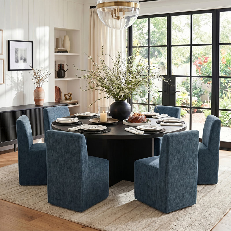 Ensemble de table de salle à manger 7 pièces avec chaises rembourrées entièrement assemblées sur roulettes, Bleu