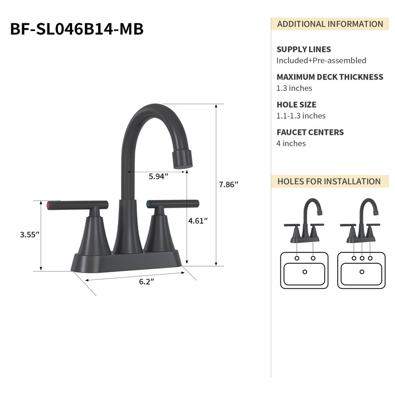 Robinet de lavabo de salle de bain à 2 poignées certifié NPC de 7,86 po Nina, Noir mat