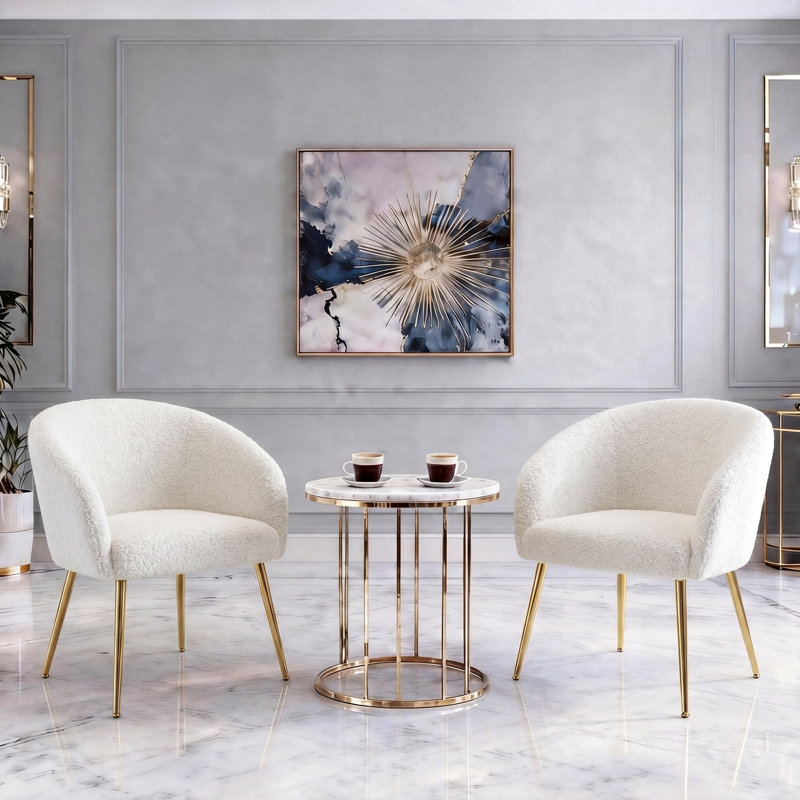 Set of 2 Modern Accent Chairs, Comfy Sherpa  Chair with Golden Metal Legs, Decorative Chair no Wheels, White, Gold, 2