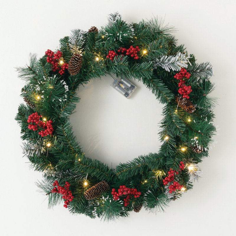 Artificial 24" LED Mixed Pine Christmas Wreath with Flocking, Pinecones and Berries, Green