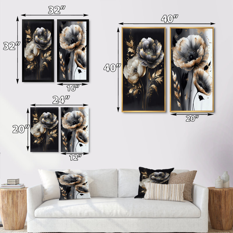 «Gray Gold Flower Bouquet IV», 2 pièces sur toile, Encadrement brun, H 20 po x l 24 po