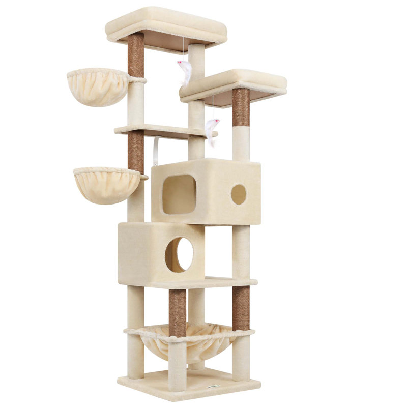 Arbre à chat de 73 po pour grands chats, tour de chat multi-niveaux avec 2condos, 3 hamacs et 2 perchoirs, arbre de chat en velours, aire de jeu pour petits chats, banc d'escalade intérieur facile à assembler