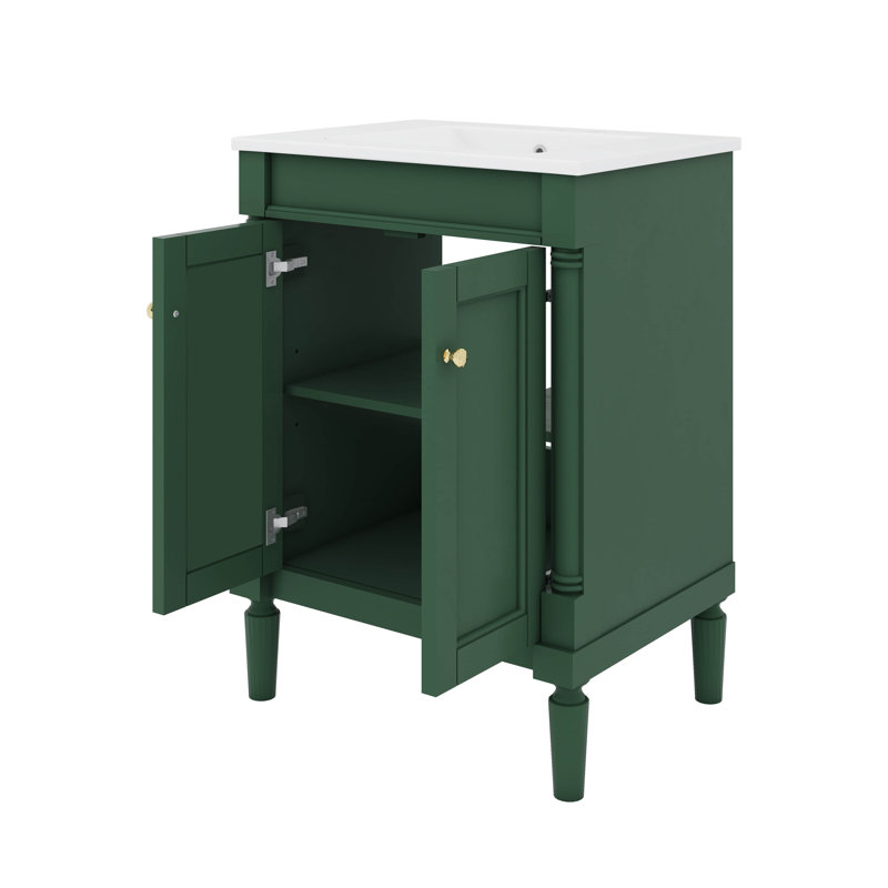 Meuble-lavabo contemporain 24 po avec lavabo à fixation supérieure et armoire de rangement à 2 niveaux, Vert, Doré