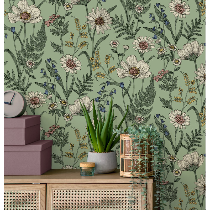 Wild Meadow Botanical Wallpaper, Green