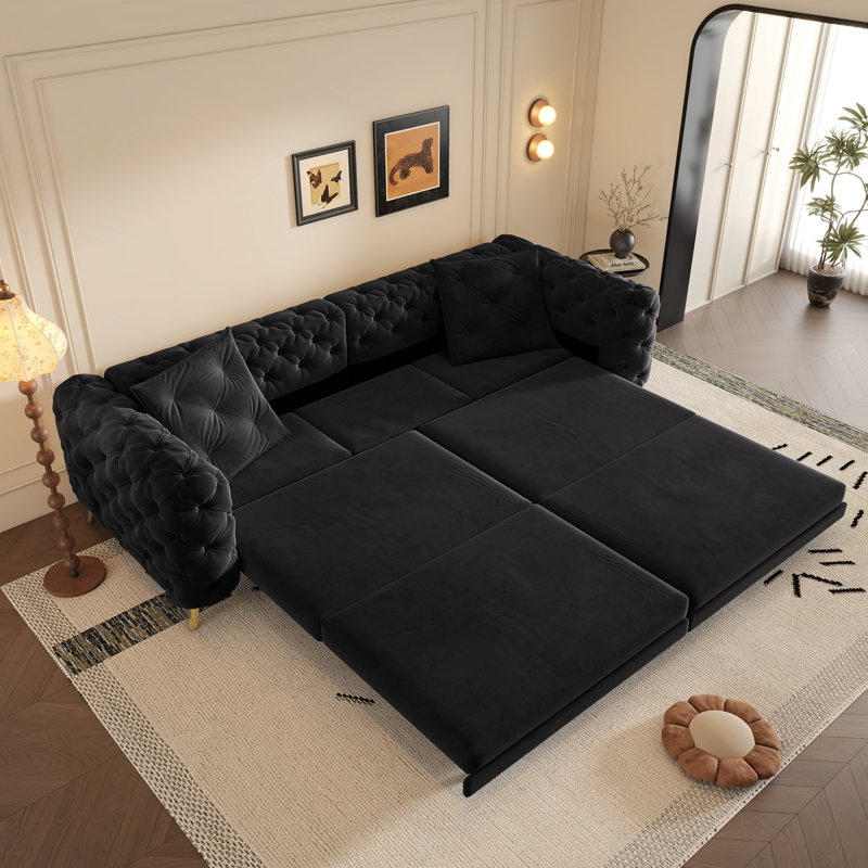 97.7" 3-In-1 Convertible Sleeper Sofa,28.4" Deep Seat Pull Out Sofa Bed,Button Tufted Modern Sofa,4-Seater Couch With Movable Ottoman  For Apartment,Office,Bedroom, Black