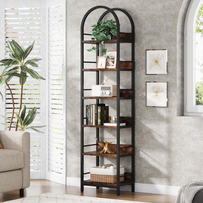 6-Tier Arched Bookcase With Metal Frame, Freestanding Corner Bookshelf For Living Room, Home Office, Tall Narrow Storage Shelf
