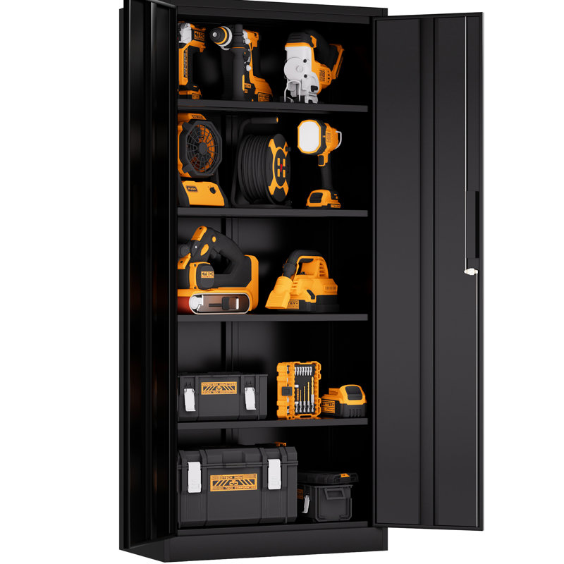 Armoire de rangement en métal noir avec 4 tablettes réglables, 69,12 po de hauteur, 3 verrouillables pour le garage et le bureau, finition de garde-manger de 71 po de hauteur, maison verrouillable