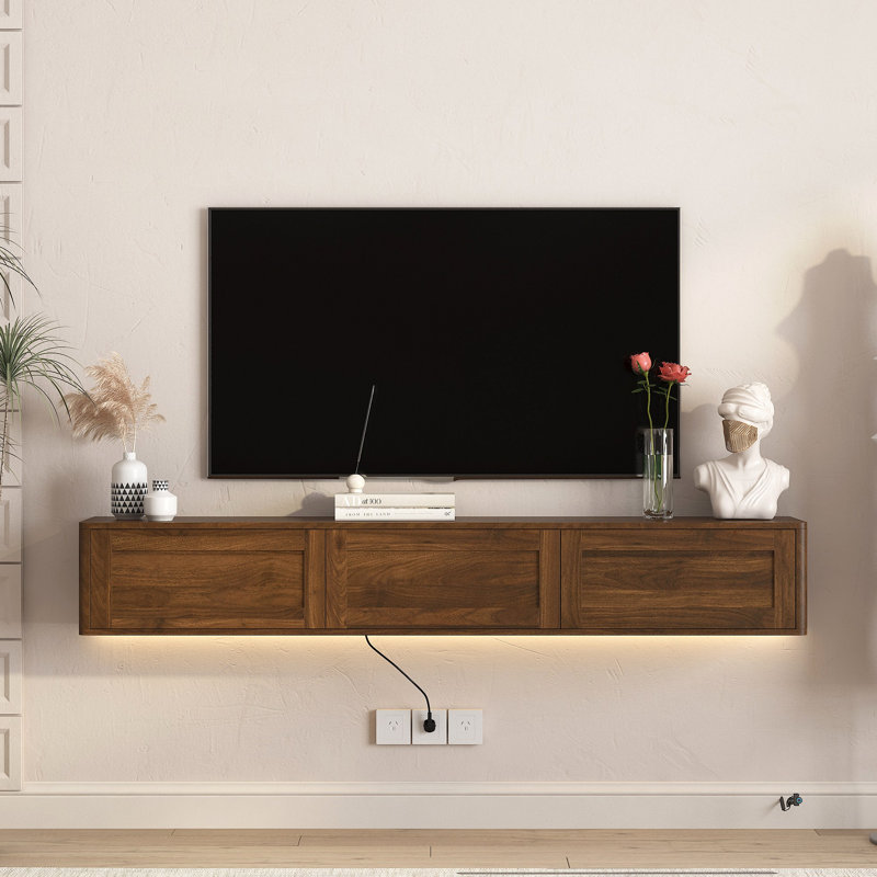 Meuble télé flottant, meuble télé mural avec lumières DEL et prise de courant, meuble télé ultrabrillant pour meuble télé en bois de salon