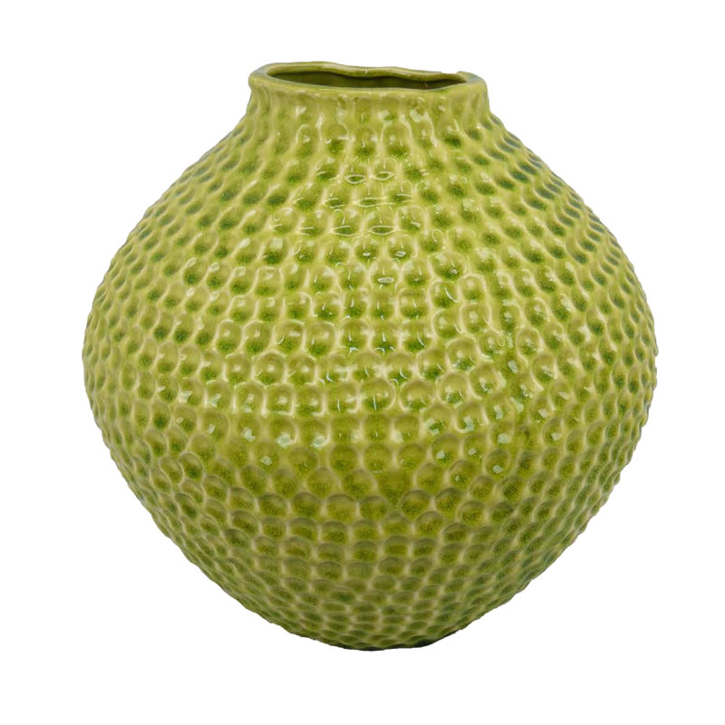 Vase décoratif Evans, surface texturée en relief, céramique blanche 14 pouces, Vert