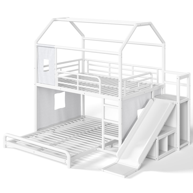 Lit superposé cabane de jeu (deux places superposées) avec glissade, échelle, bande lumineuse DEL, rideau et armoire de rangement, blanc