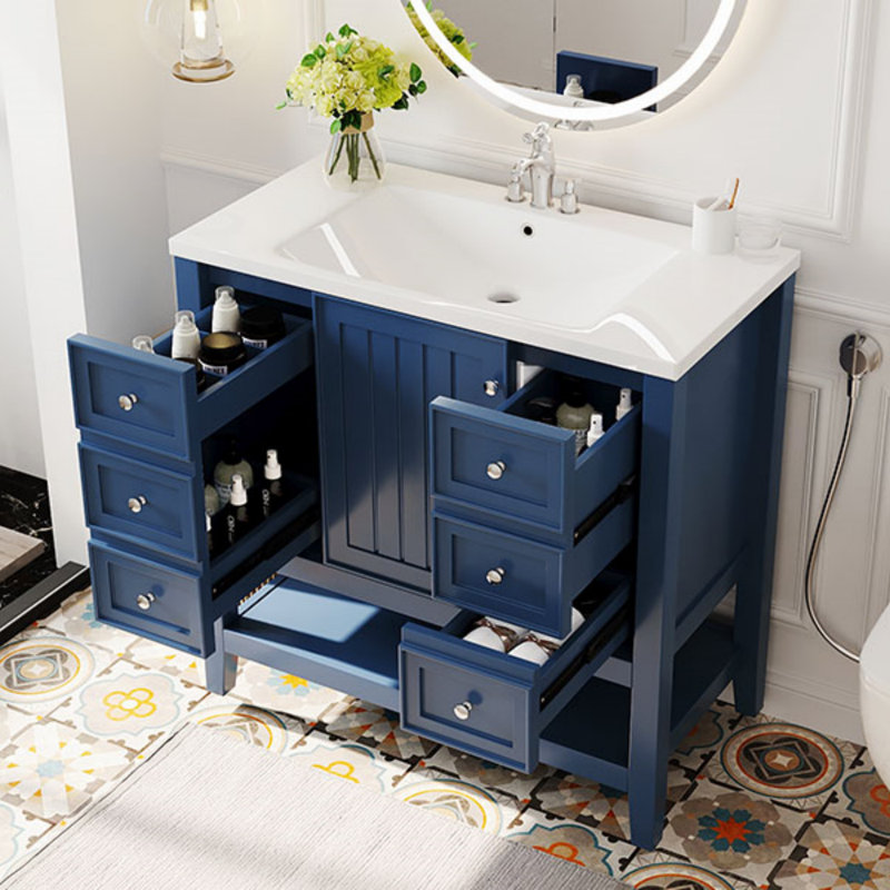 Ensemble de meuble-lavabo 36 po avec lavabo, une armoire et trois tiroirs, panneau en bois massif et panneau de fibres à densité moyenne, meuble-lavabo