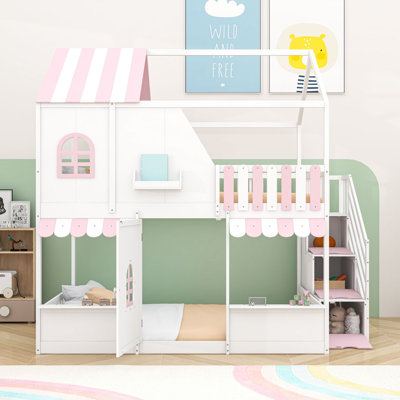 Charming Full Over Full House-Shaped Bunk Bed with Built-in Shelves and Storage Staircase