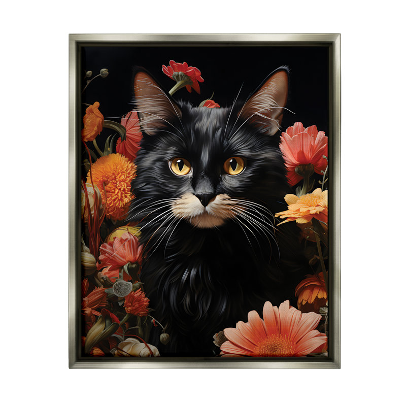Chat et fleurs en fleurs, reproduction sur toile, Cadre flottant gris lustré, H 21 po x l 17 po x P 1,7 po
