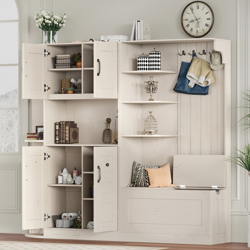 2-in-1 Left-Right Hall Tree Storage Cabinet, 4 Hooks, Freestanding Entryway Cabinet, Antique Beige, Beige