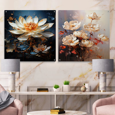 Opulent Reflections Lotus II - lot de 2 peintures murales en acrylique sur verre Lotus