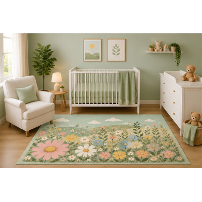 "Ultra Lightweight" 5'x7' Wildflower Meadow Area Rug for Nursery Room, Pastel Botanical Daisy Garden Landscape Design, Baby Bedroom Decor, Non-Slip Silicone Backing Low Pile