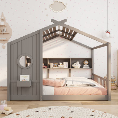 Roof Design Wooden Floor House Bed With Storage Shelf, Kids Montessori Bed