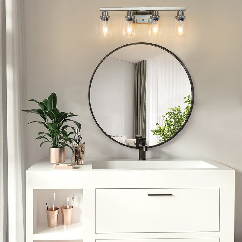 Vanity Light With Clear Glass Shades, 9.1" H x 24.2" W x 5.7" D, Brushed Nickel, 4 Lights