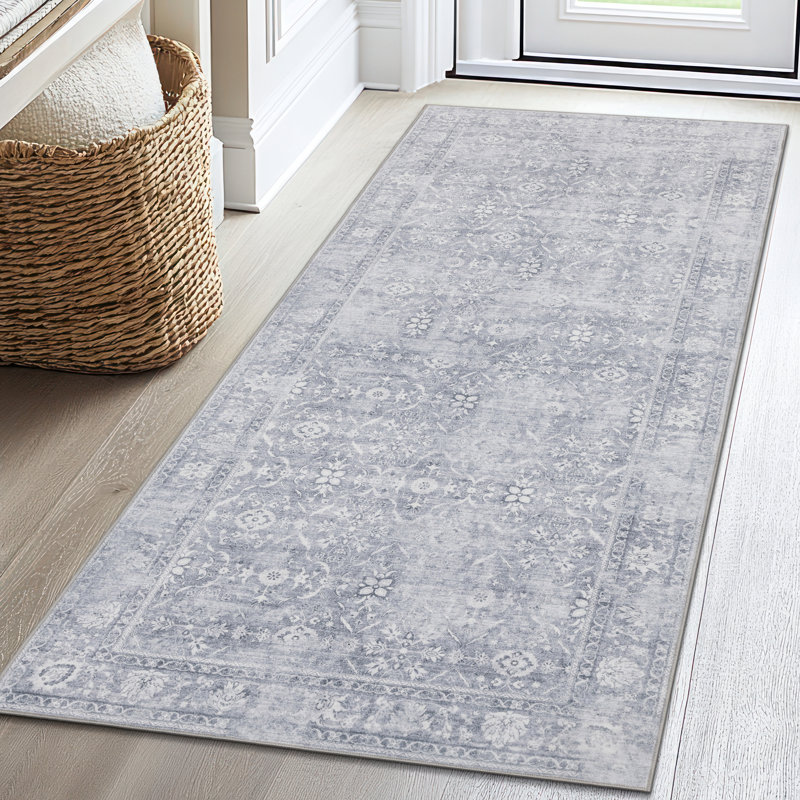 Roshun Noor Vintage Machine Washable Area Rugs, Runner 2'6" x 8', Silver Ivory