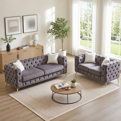 Canapé de salon moderne à 3 places + 2 places en velours avec cadre en bois massif et pieds en métal, 4 coussins, meubles d'appoint pour salon, bureau, gris