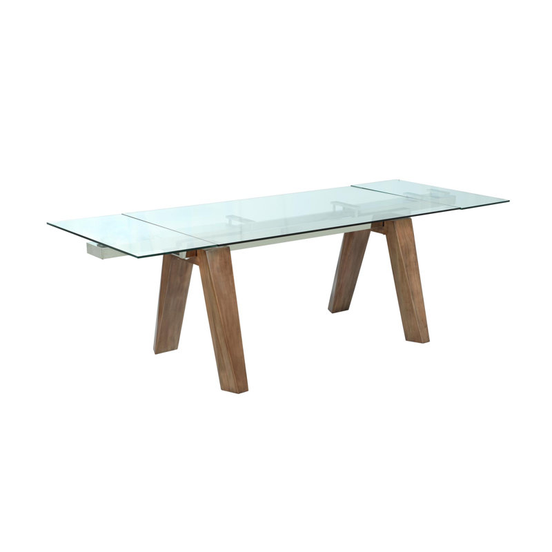 Sundy Modern Dining Table w/ Extendable Glass Top & Solid Wood Legs, Walnut