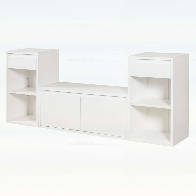 Banc de rangement pour hall d'entrée avec coussin, compartiments, tiroirs et tablettes ouvertes, Blanc
