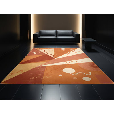 Tapis géométrique rétro lavable à la machine Pantelis - brun clair
