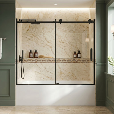 Portes de douche coulissantes doubles en acier inoxydable l 60 po x H 60 po, porte de baignoire coulissante droite avec poignée, porte en verre trempé