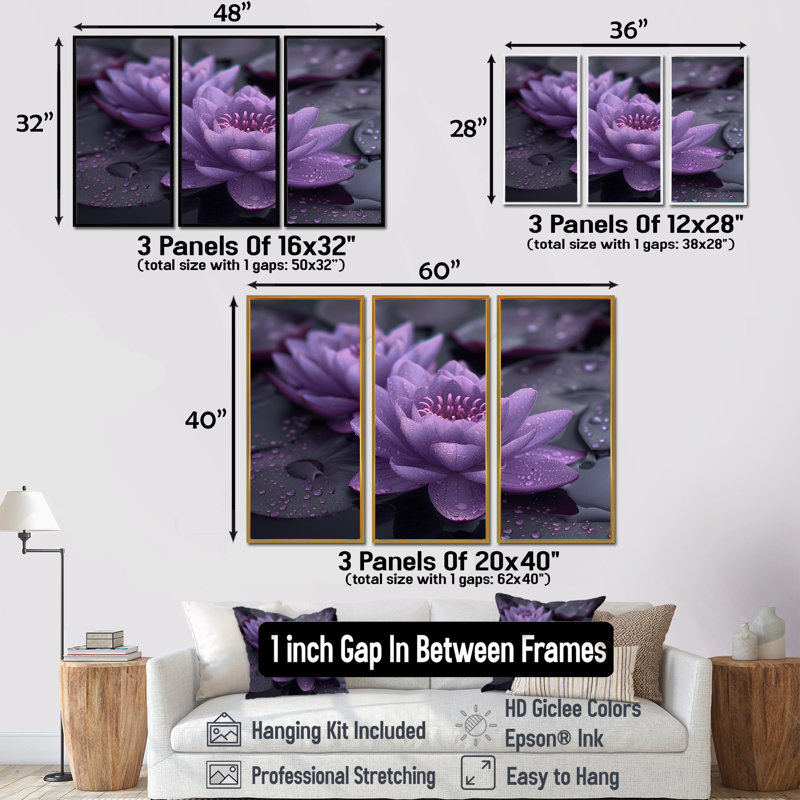 Ensemble d'art mural Saltzman - Lotus, Toile avec cadre flottant or, H 28 po x l 36 po x P 1 po