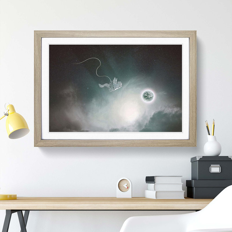 Lone Astronaut in Outer Space in Abstract - Picture Frame Graphic Art Print, Oak, 35cm H x 50cm W x 2cm D