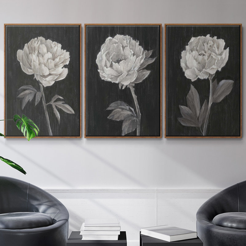 Fleurs noires et blanches I 3 pièces, H 40 po x l 78 po, Noyer