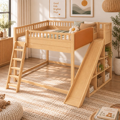 UnaNoxa Queen Size Loft Bed With Upholstered Headboard, Storage Shelves & Slide, Pine Construction