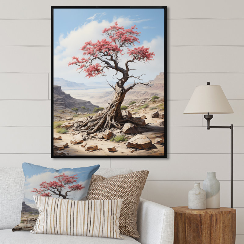 Arbre d'acacia africain dans le désert I - Art mural africain, Cadre flottant noir, H 20 po x l 12 po x P 1 po