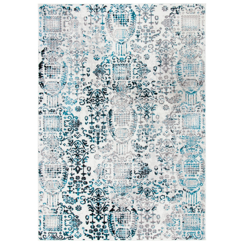 Tapis géométrique gris / bleu, Rectangle 3 pi x 5 pi